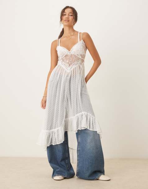 Free People light my fire sheer lace midaxi dress in clean ivory