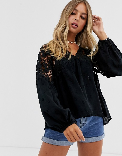 Free People Lina balloon sleeve blouse with lace inserts