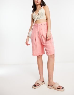 Free People Linen High Rise Longline Shorts In Coral-pink