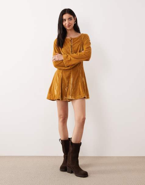 Free People linney velvet mini dress in golden syrup