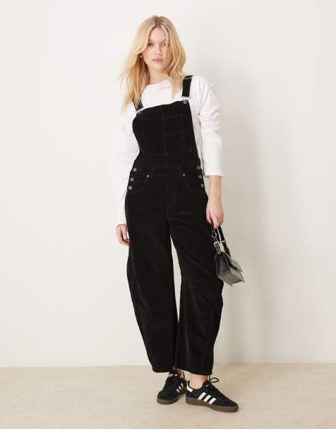 Free People – Locker geschnittene Cord-Latzhose in Schwarz - view 1
