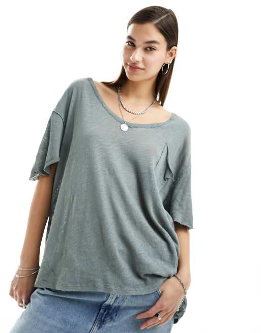 Free People – Lockeres T-Shirt aus Flammengarn in Khaki-Grau