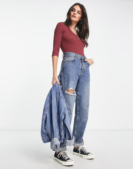 Free People long sleeve bodysuit with three quarter sleeve in wine red, 4 of 4
