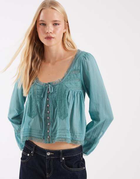 Free People long sleeve Evermore blouse in mineral blue - view 1