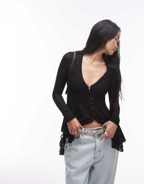 Free People long sleeve lace cardigan blouse in black - view 1
