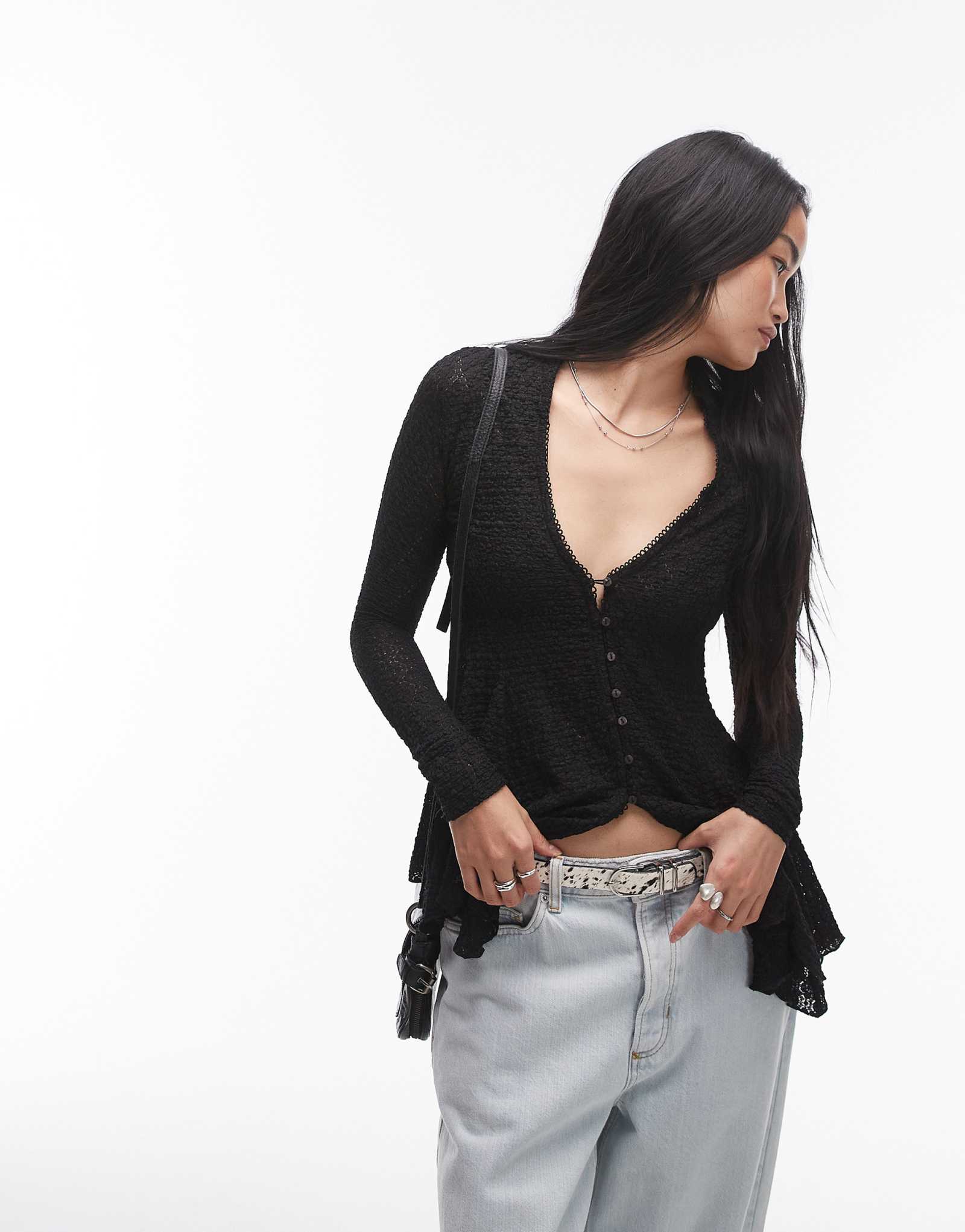 Кружевная блузка-кардиган с длинным рукавом Free People черного цвета