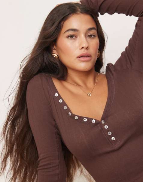Free People long sleeve pointelle henley top in chocolate - view 1