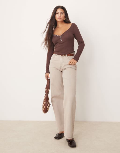 Free People long sleeve pointelle henley top in chocolate, 3 of 4