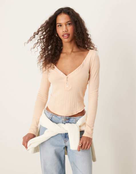 Free People long sleeve pointelle henley top in peach - view 1