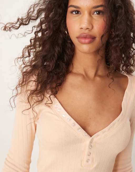 Free People long sleeve pointelle henley top in peach, 2 of 4
