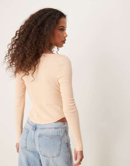 Free People long sleeve pointelle henley top in peach, 3 of 4