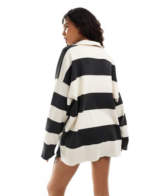Free People long sleeve polo shirt in black and white, 2 of 4