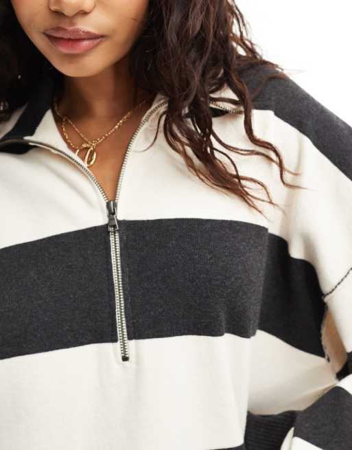 Free People long sleeve polo shirt in black and white