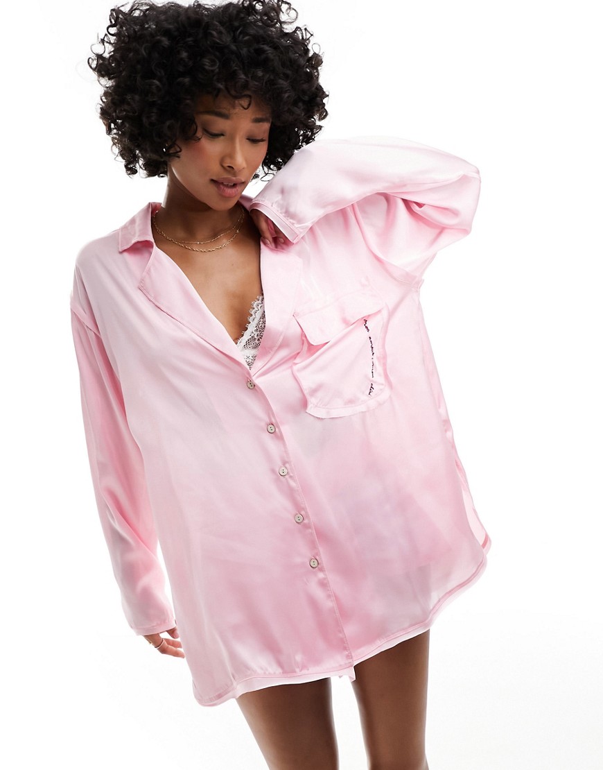 Free People long sleeve satin pyjama shirt co-ord in pink quartz