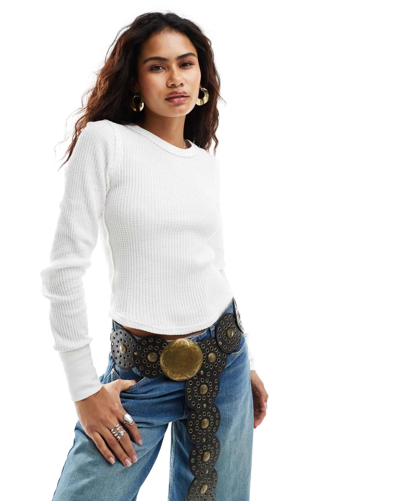 Белый вафельный топ Free People с длинным рукавом 9690₽