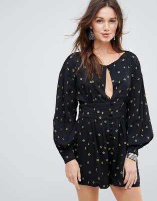 Free People Love Grows Printed Romper-Black