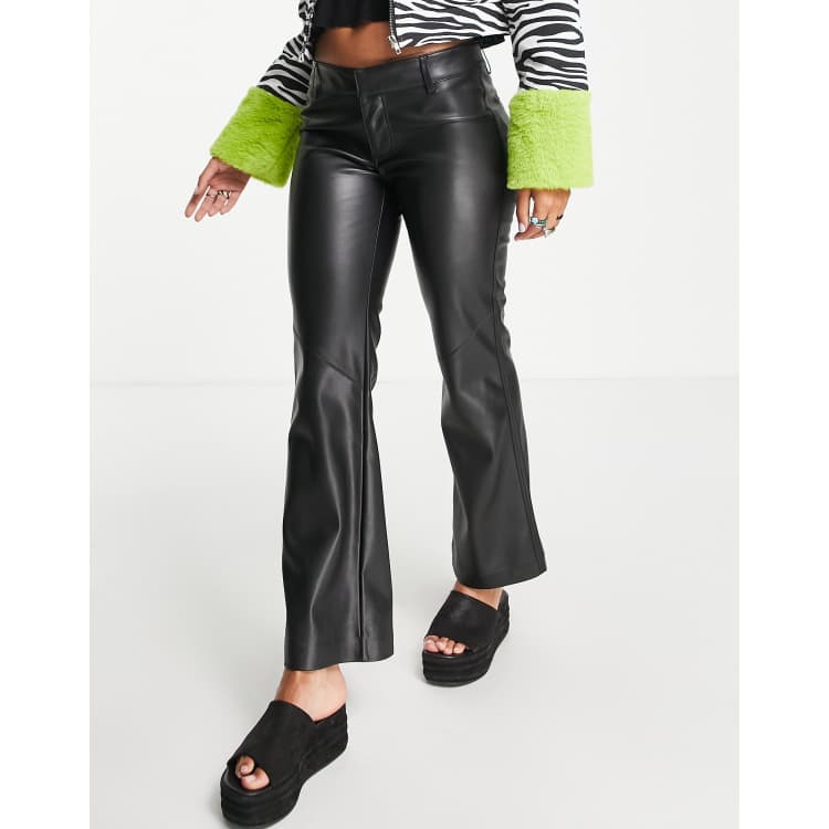 Topshop faux leather low rise flare trouser in black