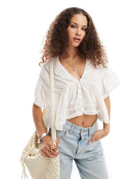 Free People low v neck floaty blouse with broderie in ivory - view 1
