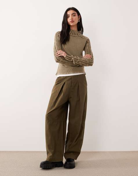 Free People - Luchtige hoogsluitende, geribbelde gebreide top met lange mouwen in kaki duinzandkleur - view 1