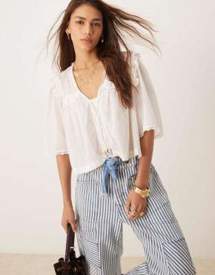 Free People Luna Lace Edging Sheer Blouse In Off White