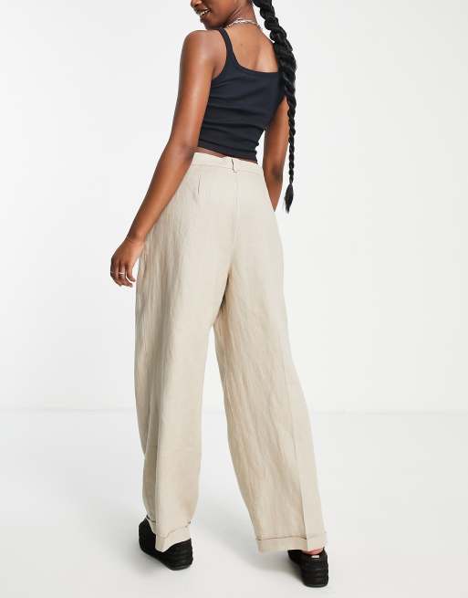 Free People Lyla Linen Trousers Pants Wide Legs Cuffed in Sand Sz 8