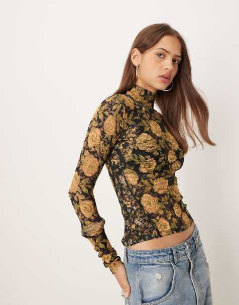 Free People Lyric high collared long sleeve top in orange floral print - view 1