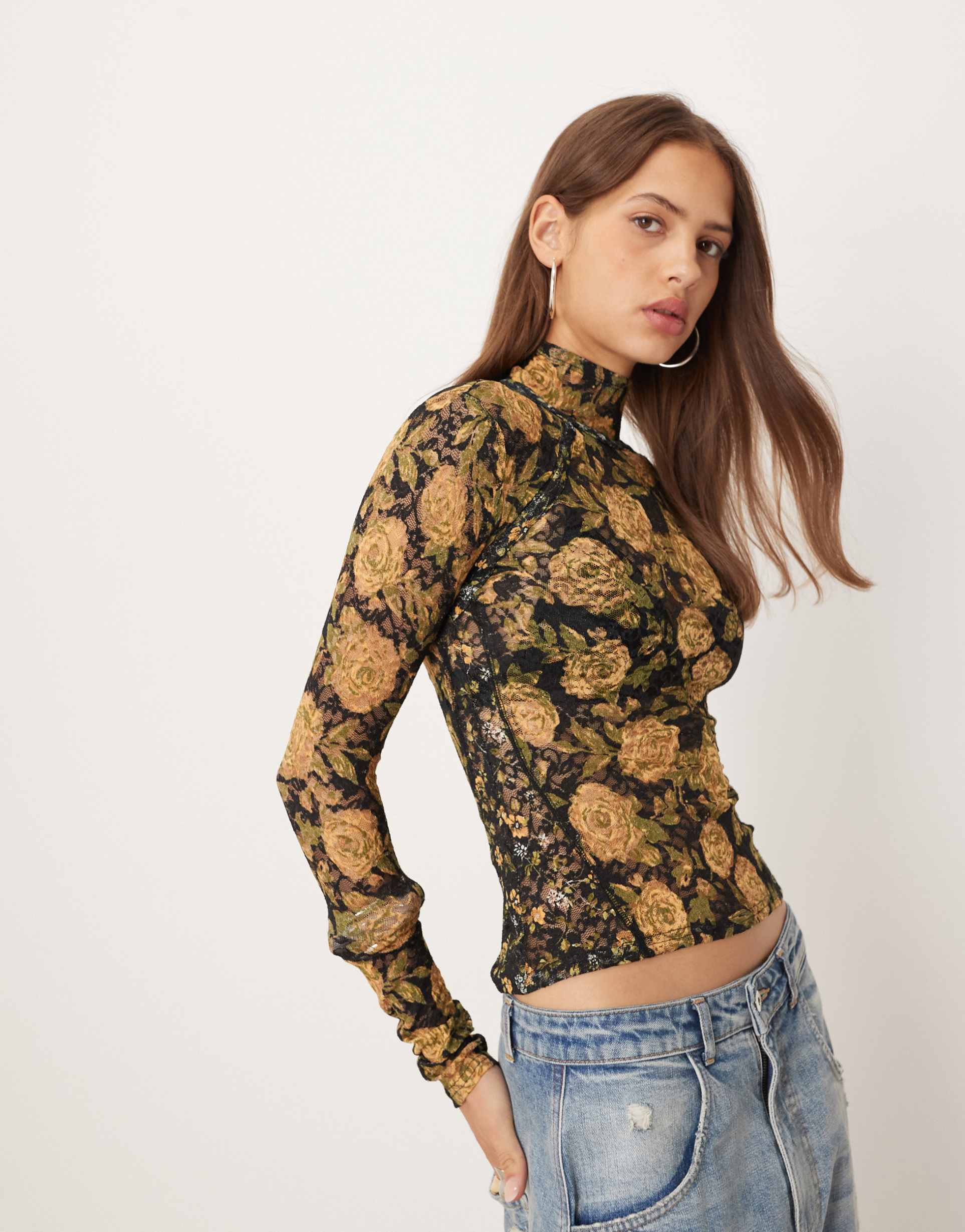 free people lyric high collared long sleeve top in orange floral print