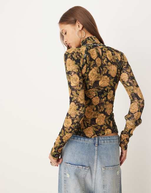 Free People Lyric high collared long sleeve top in orange floral print, 4 of 4