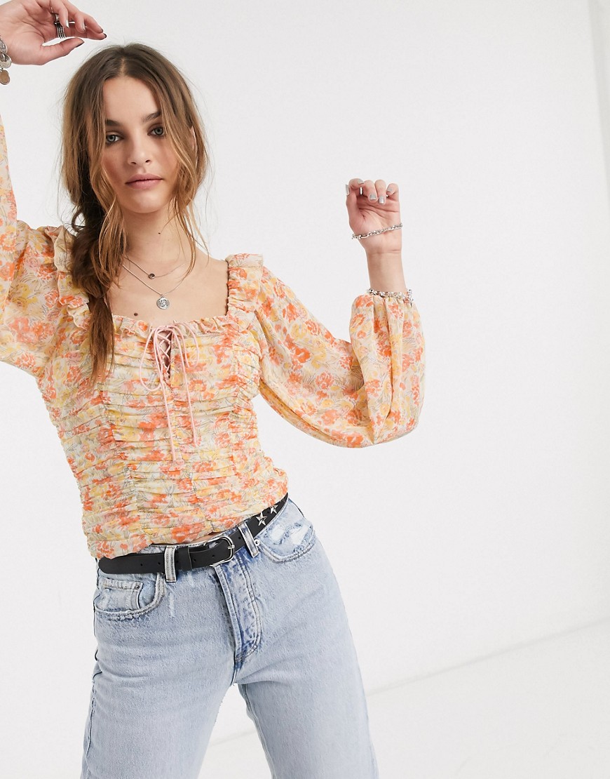 FREE PEOPLE MABEL PRINTED RUCHED BLOUSE-YELLOW,OB1085105