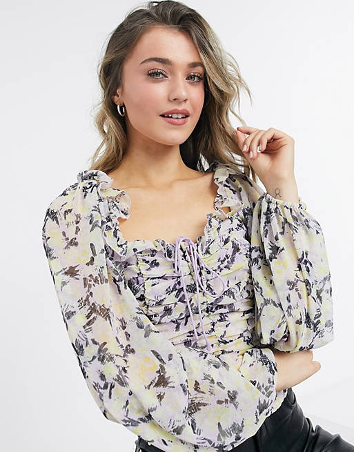  Shirts & Blouses/Free People mabel structured blouse with lace up front in floral 
