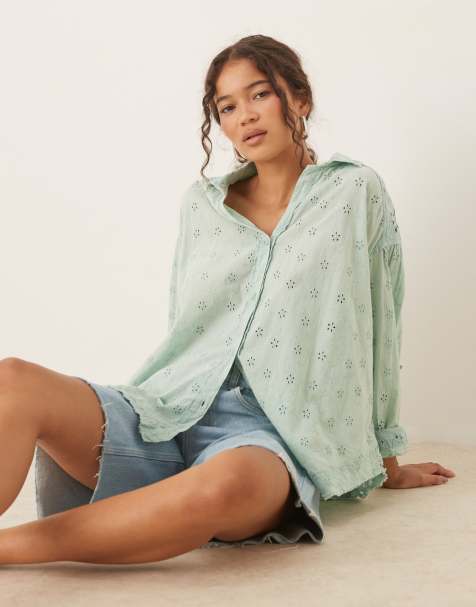 Free People mae eyelet shirt in faded green wash - view 1