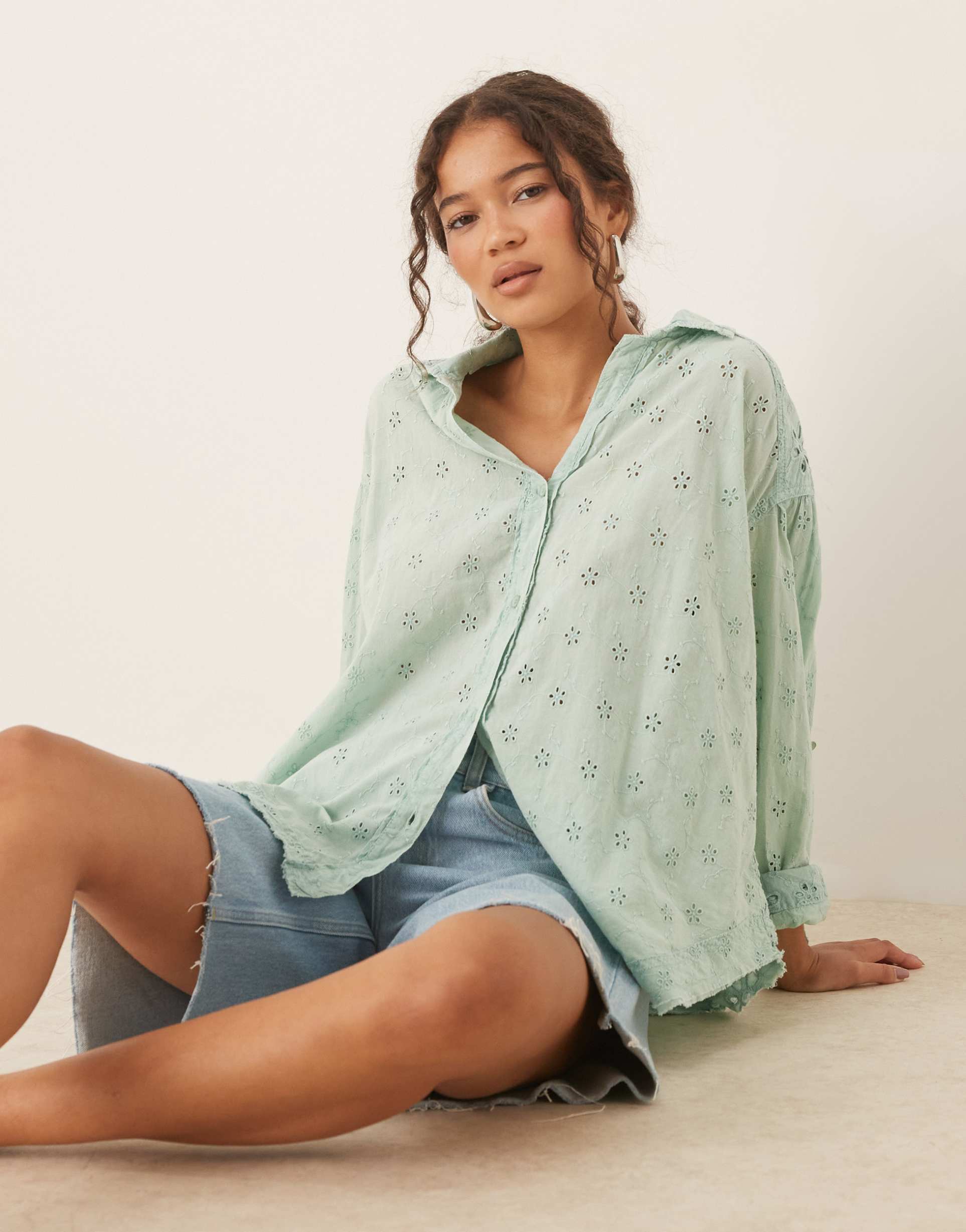 free people mae eyelet shirt in faded green wash
