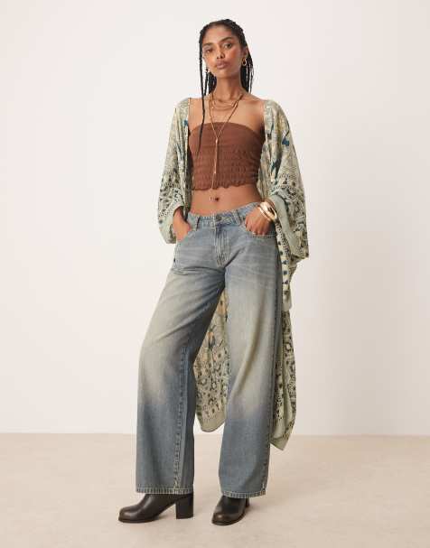Free People Magic Dance border print kimono in moss green - view 1