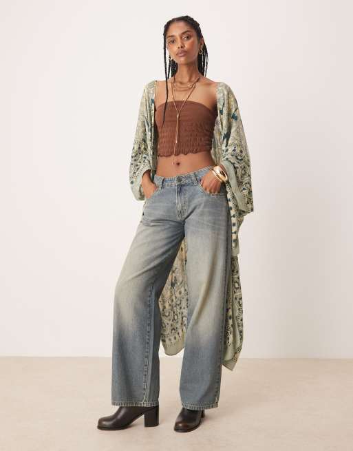 Free People magic dance border print kimono in moss green
