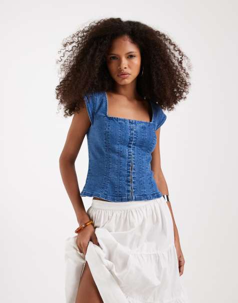 Free People marilyn denim corset top in sky light blue - view 1