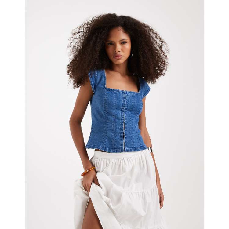 Free People marilyn denim corset top in sky light blue | ASOS