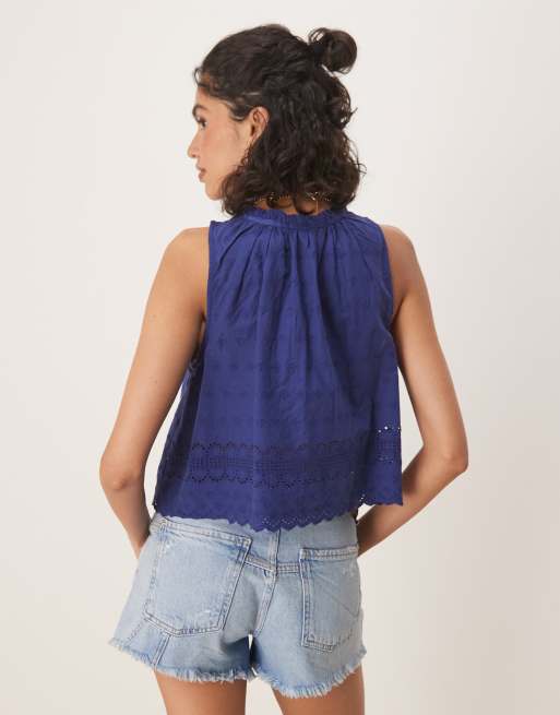 Free People marina eyelet detail tank top in blue, 4 of 4
