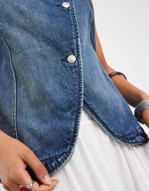 Free People Maris denim asymmetric singlet top in wallflower blue, 3 of 4