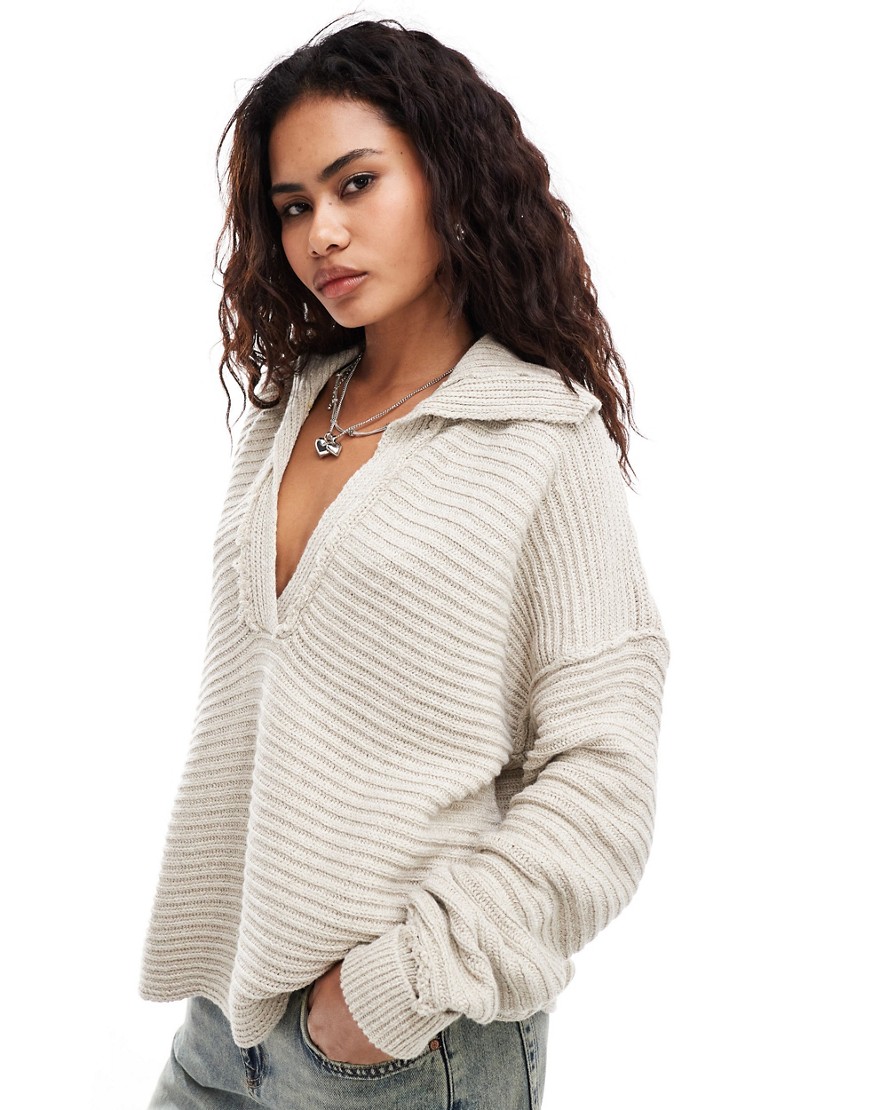 Marlie deep v ribbed sweater in cream-Neutral