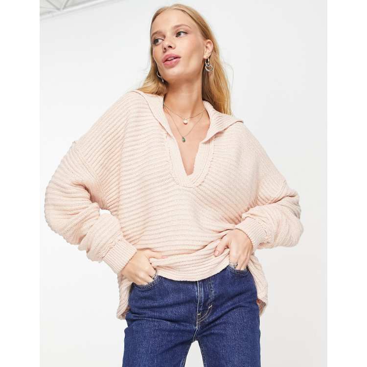 Free People Marlie deep v ribbed sweater in pink | ASOS