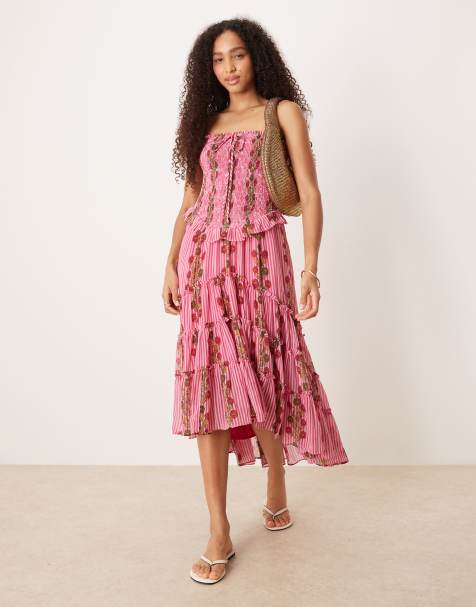 Free People ruched ruffle midi dress in hot pink combo