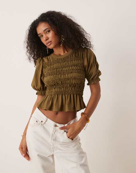 Free People - Maxey - Militærgrøn strikket top med rynker - view 1