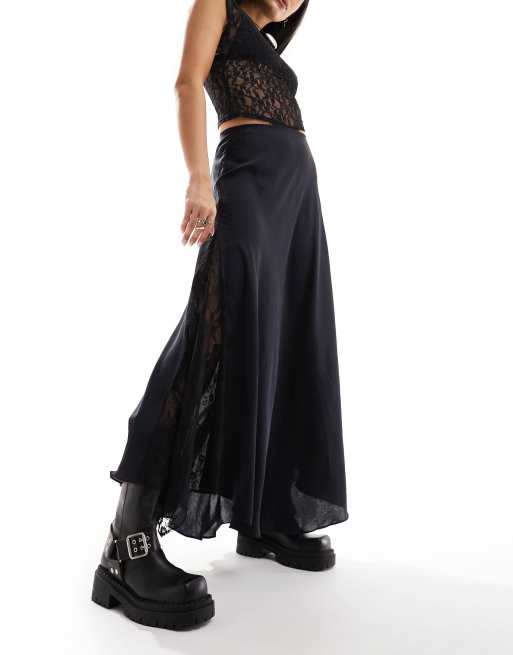 Free People - Maxi rok met kanten inzetstukken in zwart