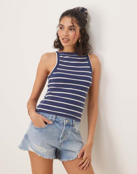 Free People – Mia – Gestreiftes, geripptes Tanktop in Marineblau - view 1