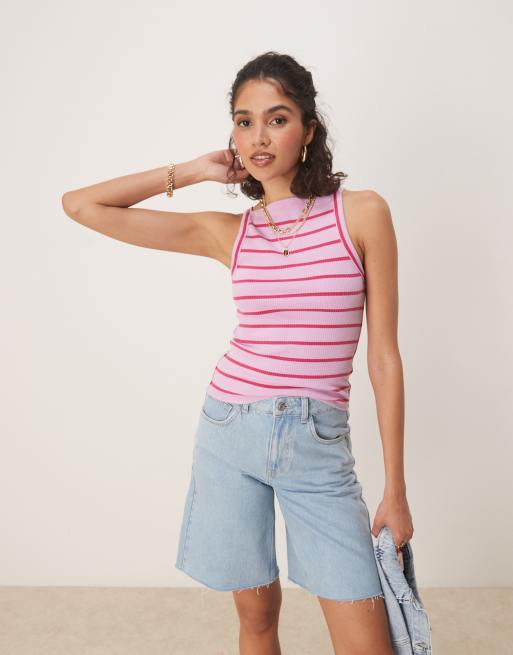 Free People - Mia - Lyserød ribstrikket tanktop med striber
