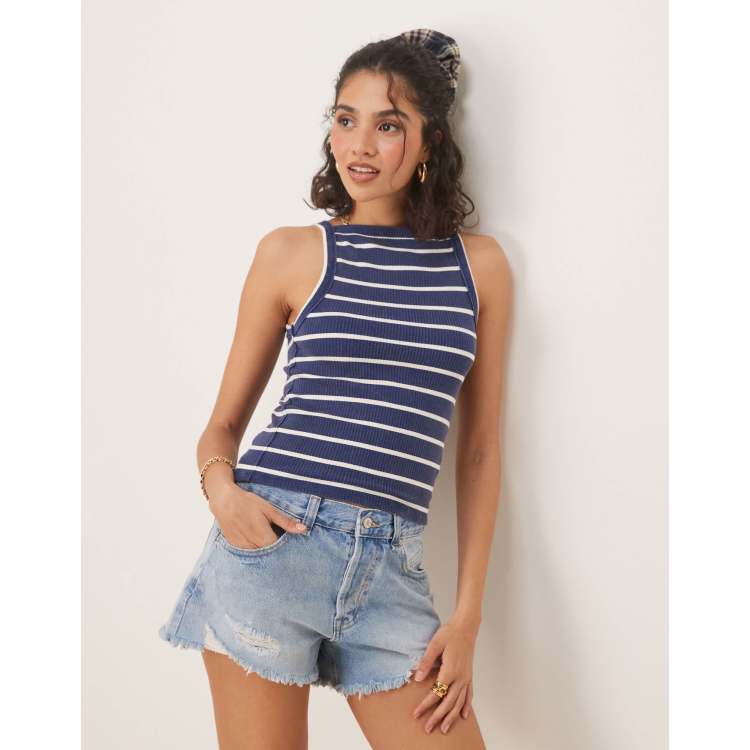Free People mia striped ribbed tank top in navy | ASOS