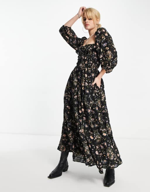 Free People - Midaxi jurk met gesmokt detail en bloemenprint in zwart