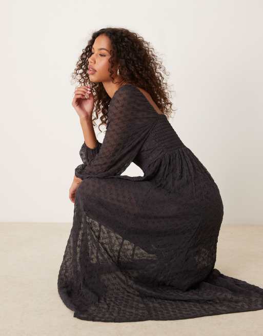 Free People – Midaxikleid in Dunkelgrau mit Spitzenoverlay und Puffärmeln, 3 von 4