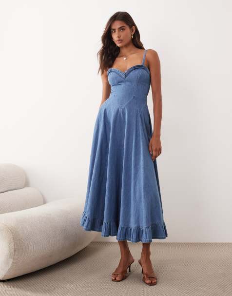 Free People - Midi jurk met verlaagde taille in blauw - view 1