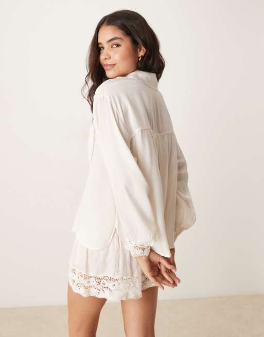 Free People - Midnidgt Muse - Beige pyjamasskjorte i satin - Del af sæt, 3 af 4